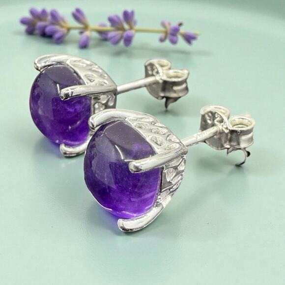 Natural Purple Amethyst Cabochon Stud Earrings 925 Sterling Silver Handmade - Picture 4 of 5